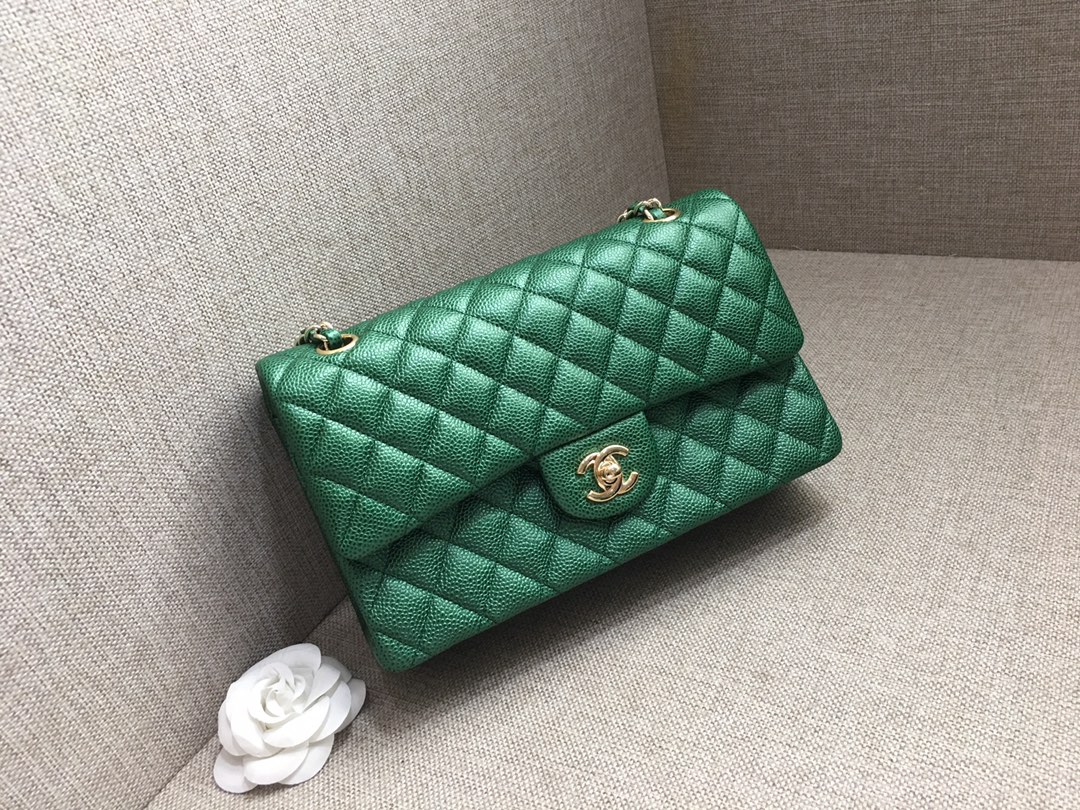 Medium Classic Flap Caviar Bag A01112 Green/Gold